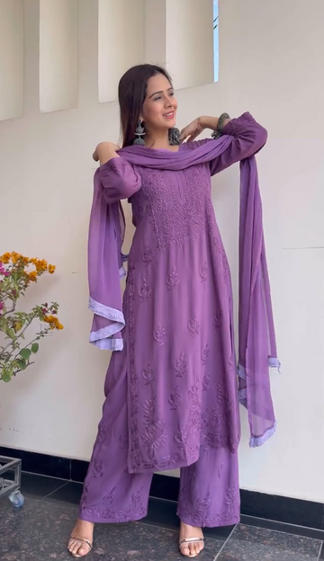 Taniya Chikankari Kurti, Palazzo and dupatta set