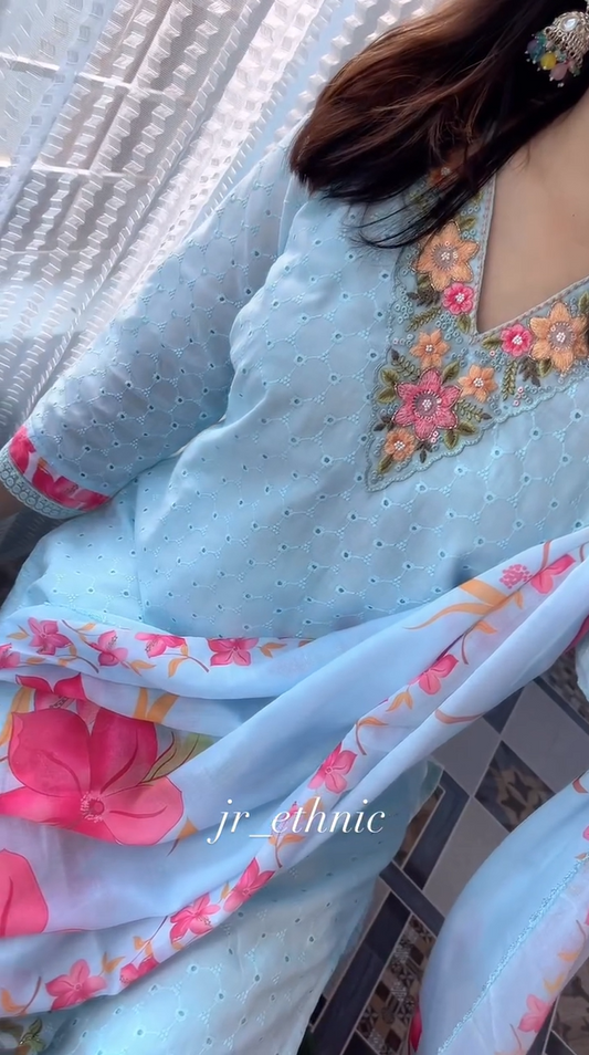 Sky Blue Floral Kurta With Dupatta set of 3