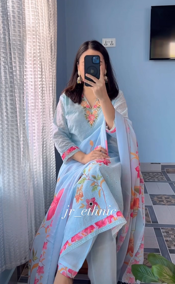 Sky Blue Floral Kurta With Dupatta set of 3