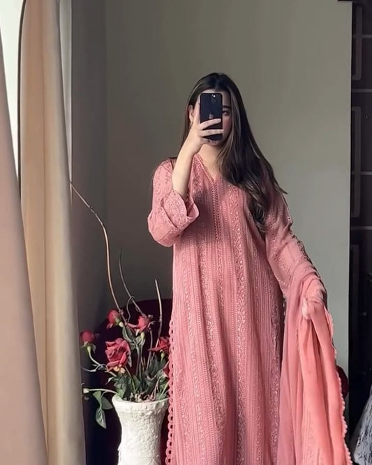 Peach Chikankari Kurta With Palazzo And Dupatta