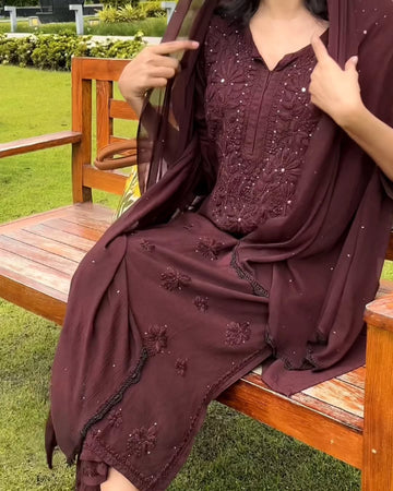 Chikankari Exclusive Kurti_Pent Pair (Brown)