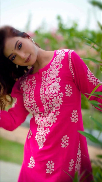 New LUCKNOW CHIKANKARI EXCLUSIVE KURTI_PENT PAIR DESIGN(Rani Pink)