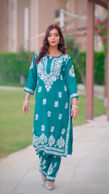New LUCKNOW CHIKANKARI EXCLUSIVE KURTI_PENT PAIR DESIGN (Rama)