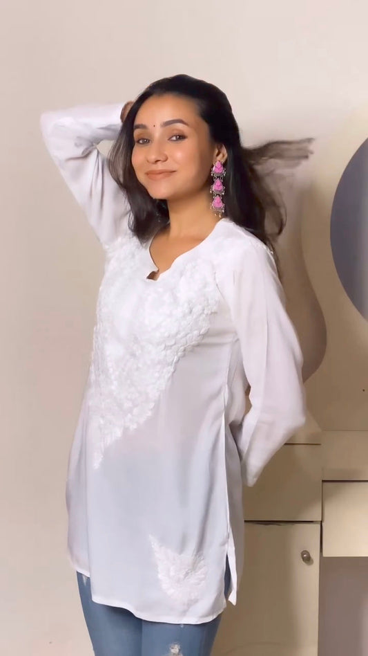Women Chikan Embroidery Cotton A-line Kurta (WHITE)