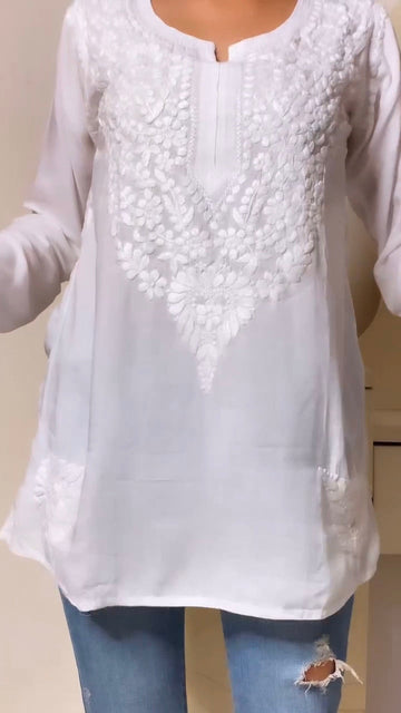 Women Chikan Embroidery Cotton A-line Kurta (WHITE)