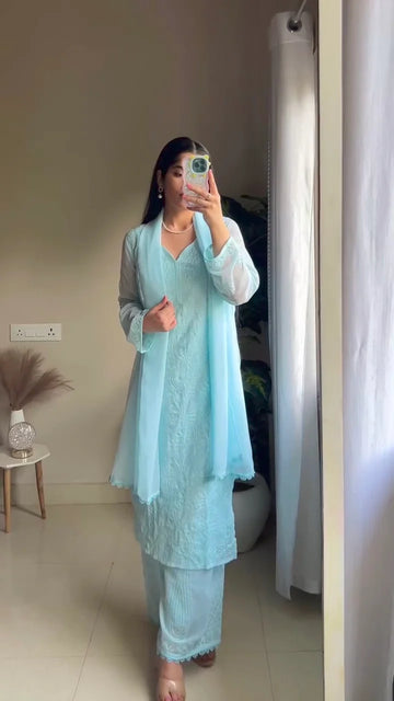 Sky Blue Chikankari Kurta With Palazzo And Dupatta