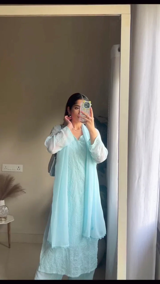 Sky Blue Chikankari Kurta With Palazzo And Dupatta