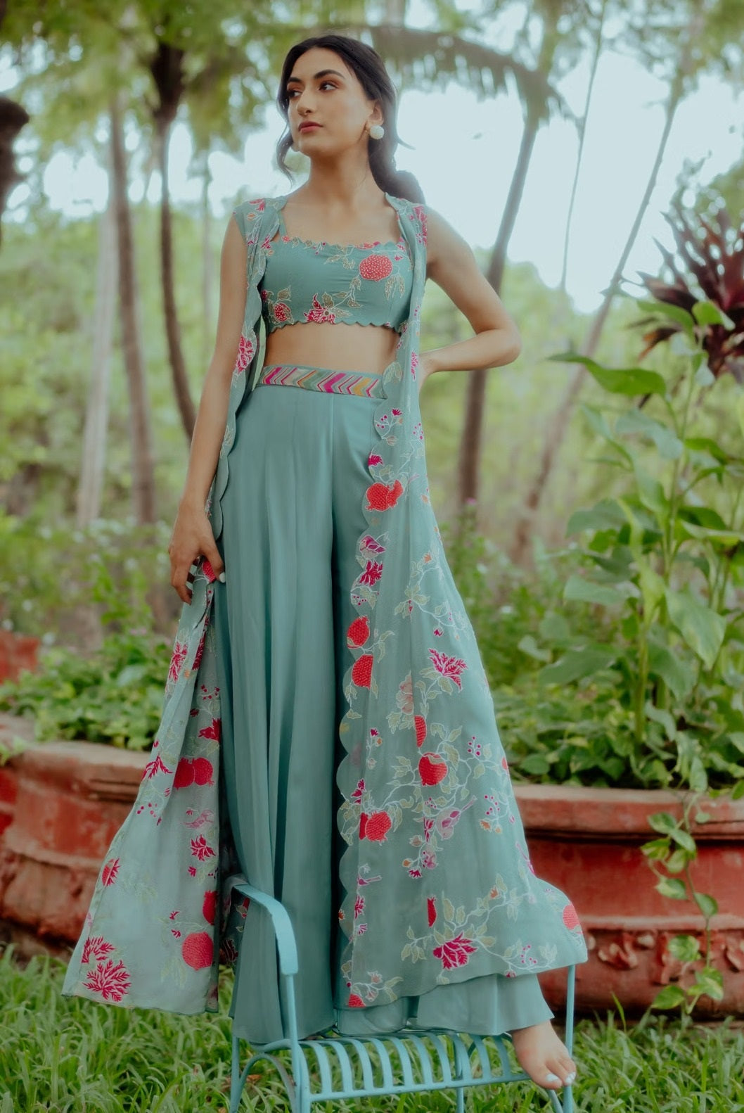 Blue Georgette Floral Print Jacket Palazzo Set