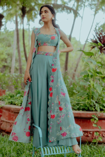 Blue Georgette Floral Print Jacket Palazzo Set