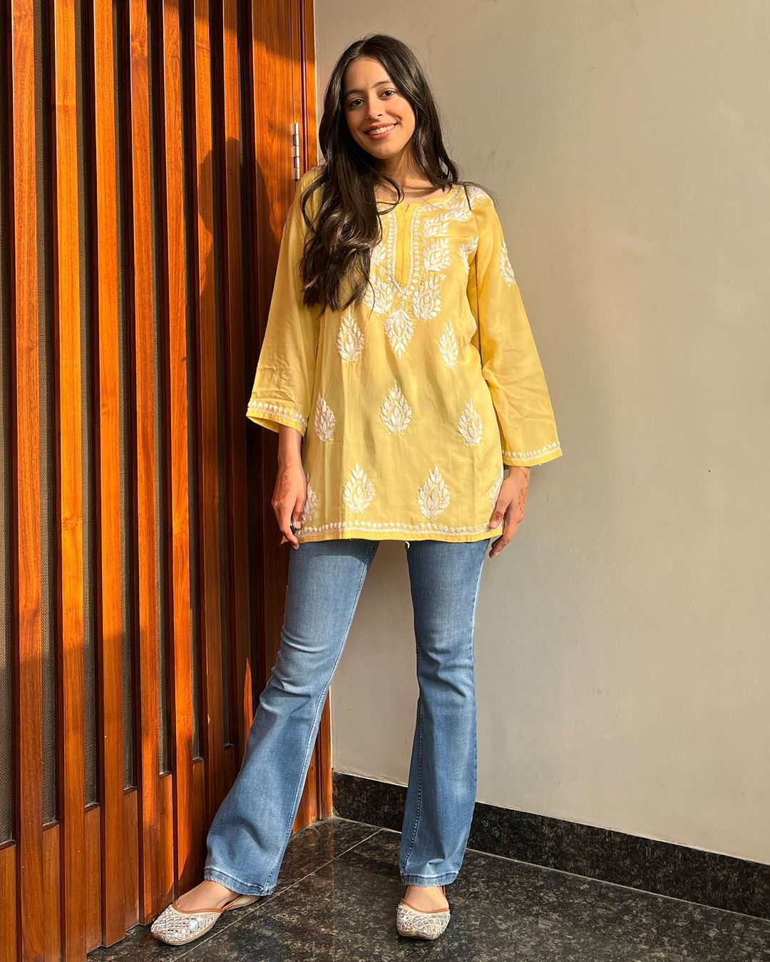 Yellow Chikan Embroidery Cotton Kurta