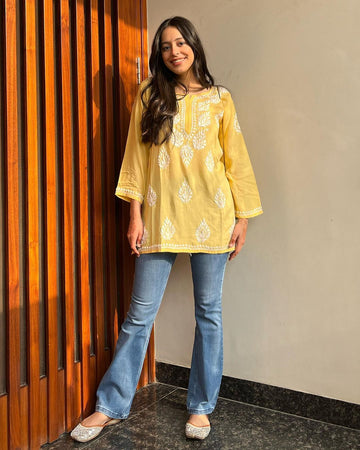 Yellow Chikan Embroidery Cotton Kurta