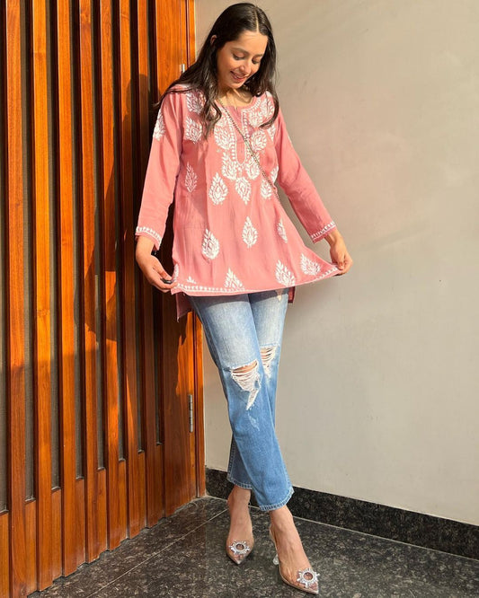 Peach Chikankari Embroidery Cotton Kurta