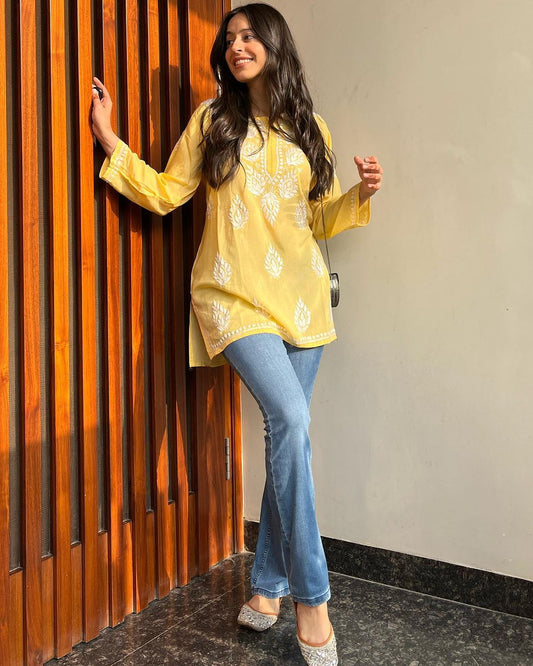 Yellow Chikan Embroidery Cotton Kurta