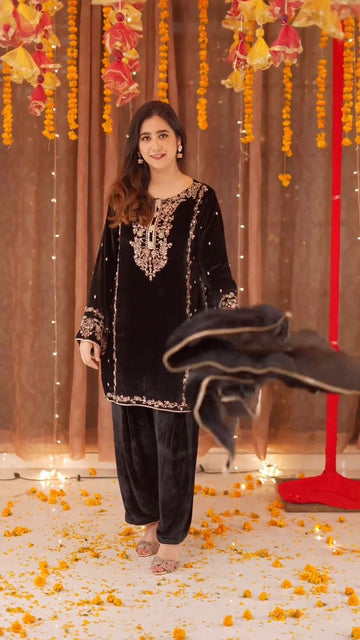 For This Winter Season Make Adorable Ur Function Wear A Velvet Embroidery Work Top With Pant And Dupatta