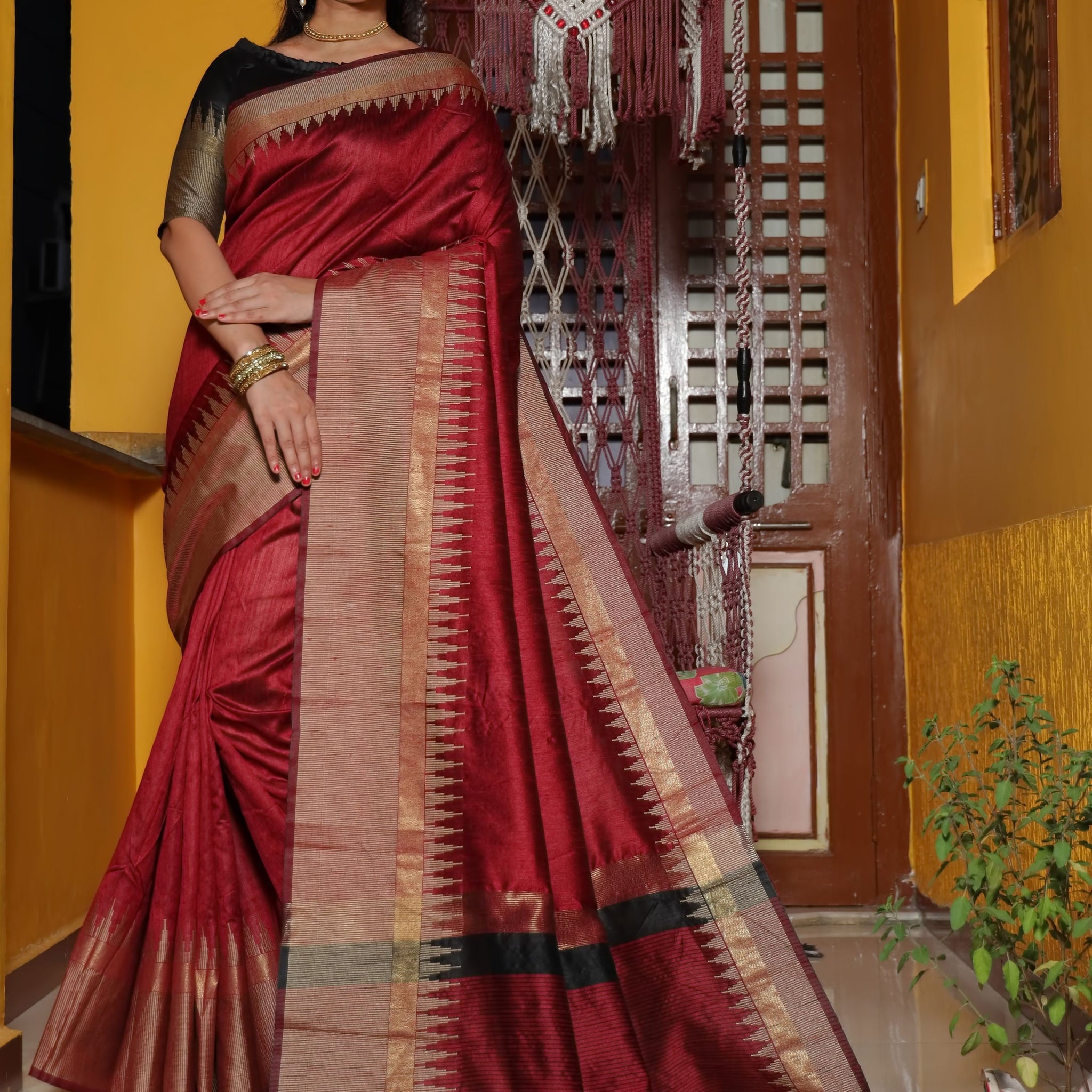 Majestic Maroon Linen Silk Saree