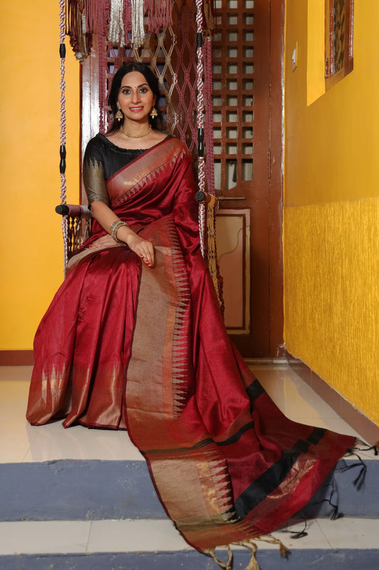 Majestic Maroon Linen Silk Saree