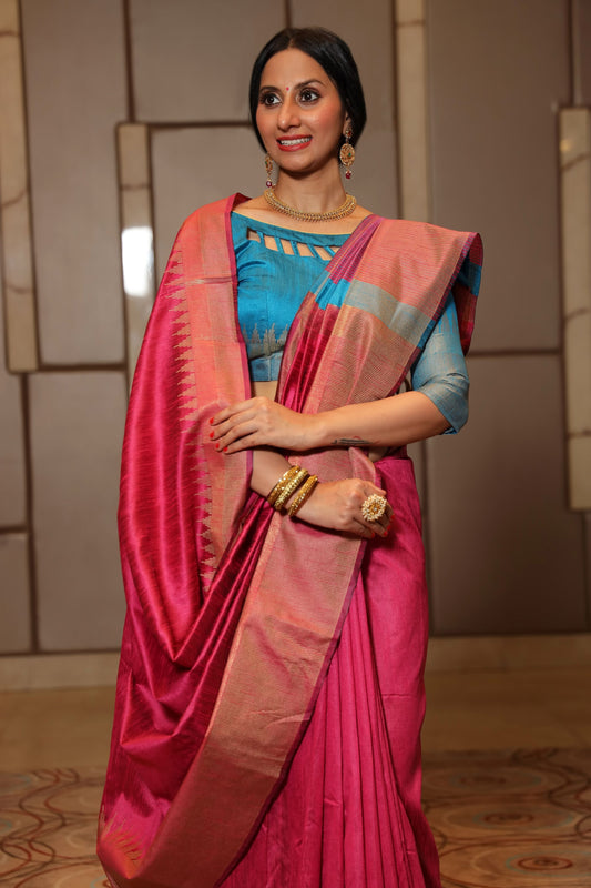 Pink Spun Silk Saree With Blouse Piece
