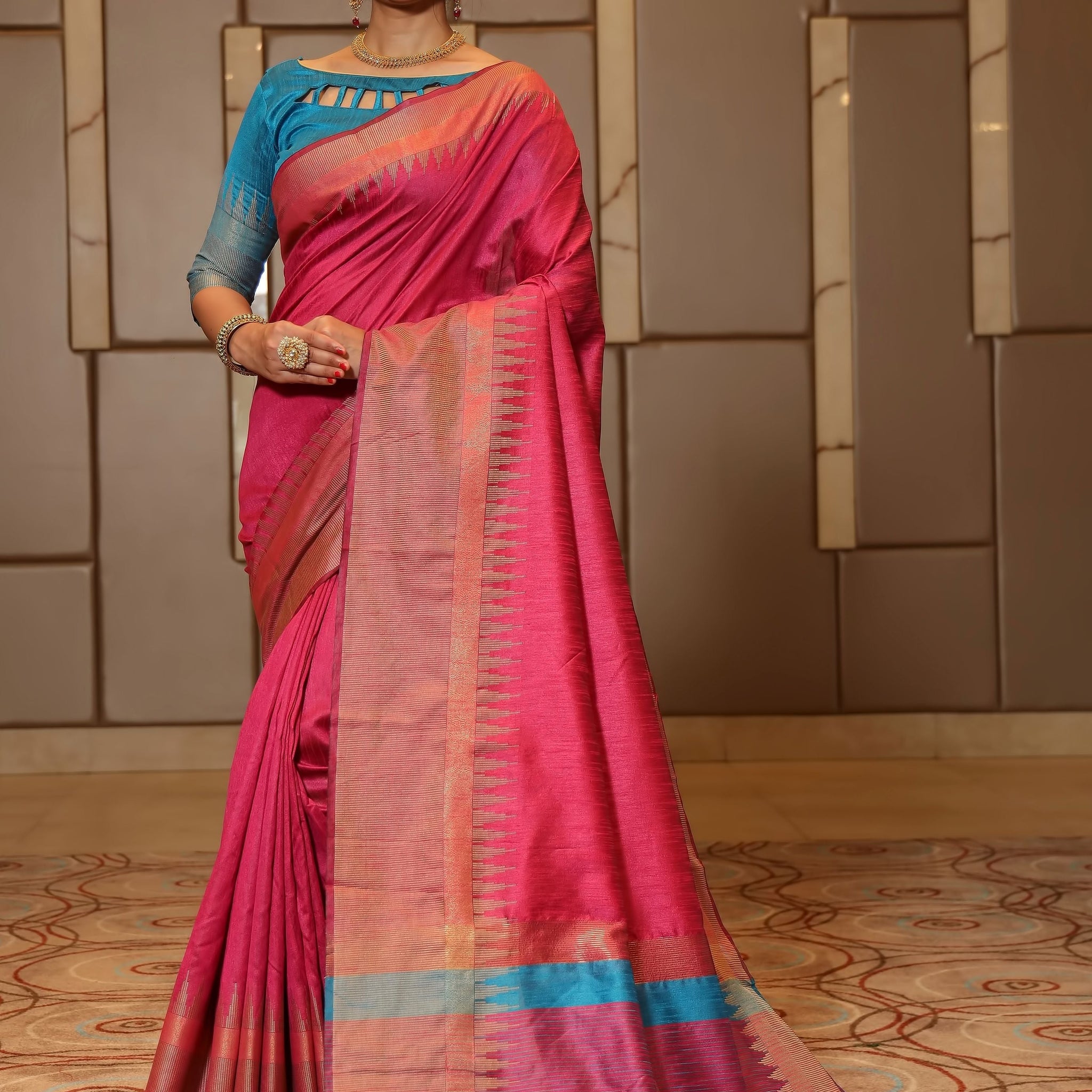 Pink Spun Silk Saree With Blouse Piece
