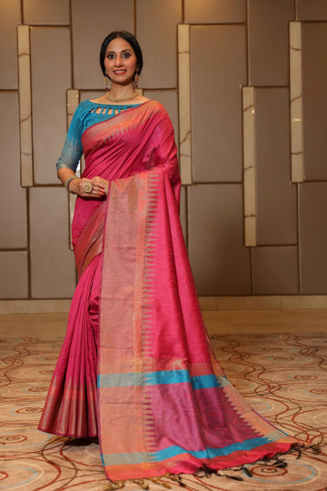 Pink Spun Silk Saree With Blouse Piece