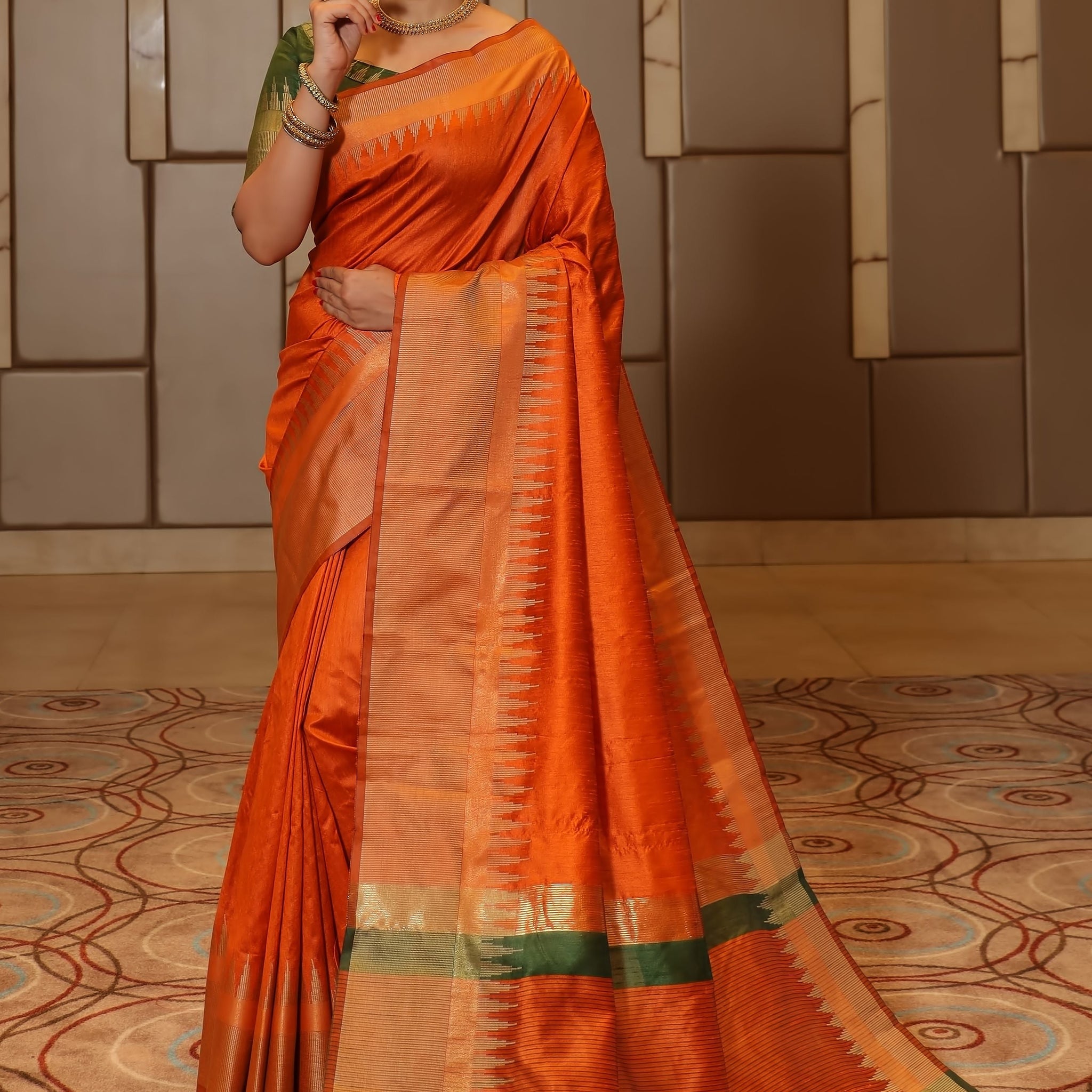 Flamingo Dark Orange Tussar Silk Saree