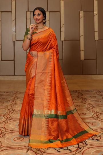 Flamingo Dark Orange Tussar Silk Saree