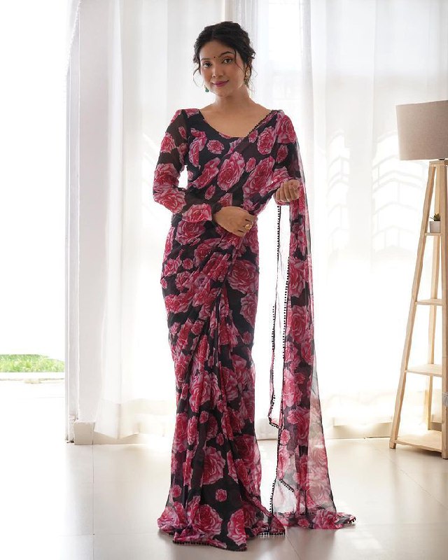 Premium Georgette With Digital Print With Heavy Lace Border*( Ready To Wear )