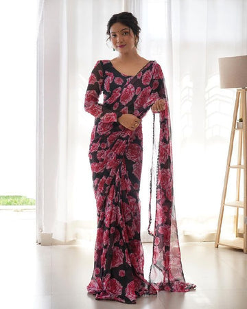 Premium Georgette With Digital Print With Heavy Lace Border*( Ready To Wear )