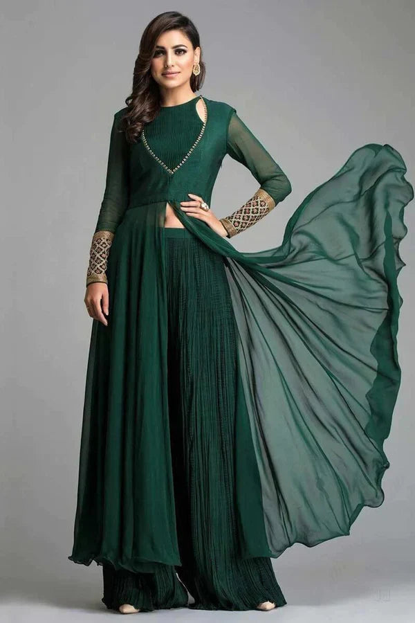Bottle Green Georgette Anarkali Suit With Plazo