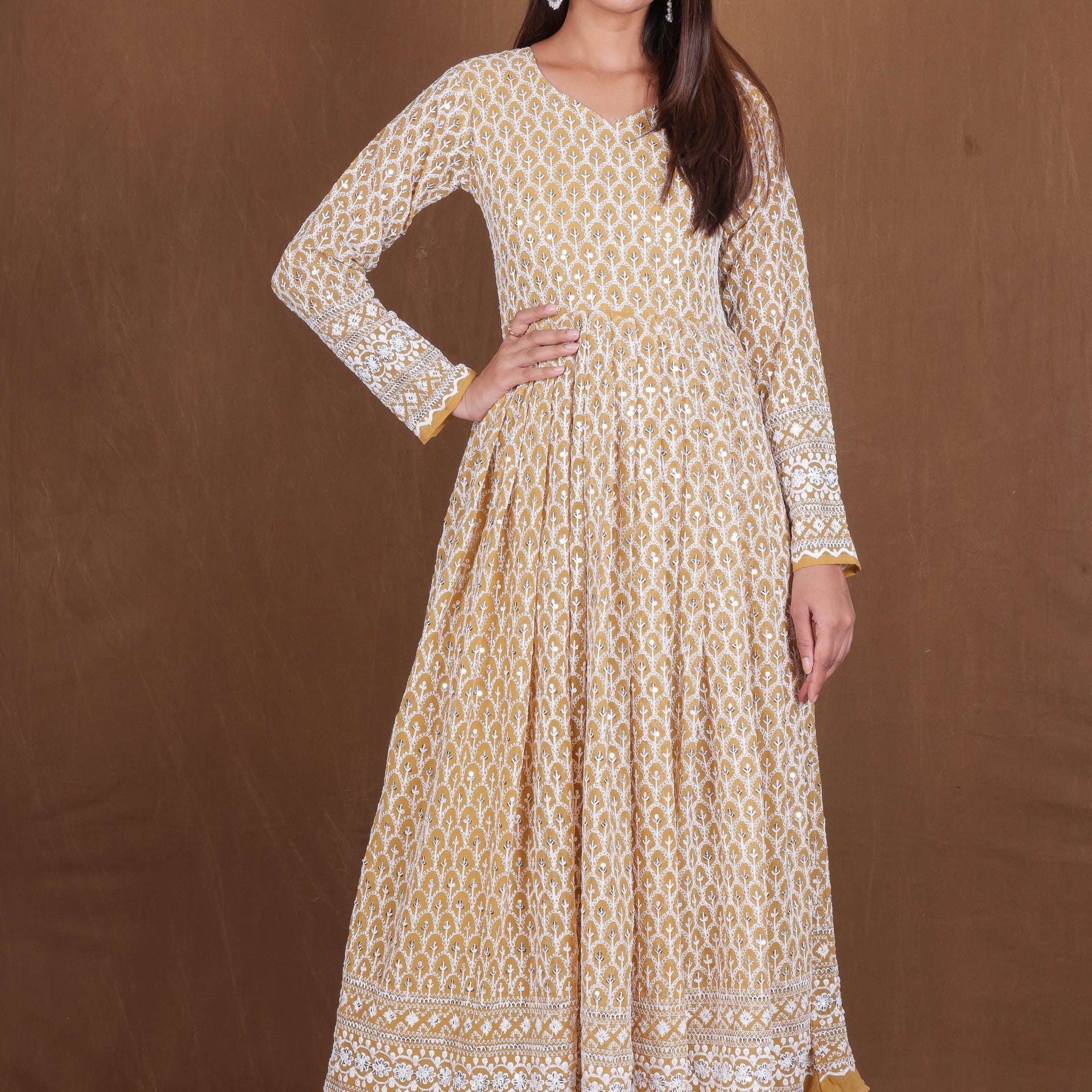 Mustard yellow Hand chikankari work Dress