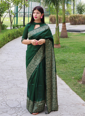Green Raw Silk Woven Trendy Saree