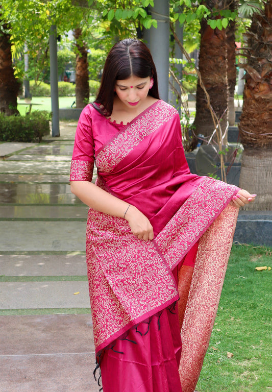 Deep Pink Banglori Raw Silk Saree