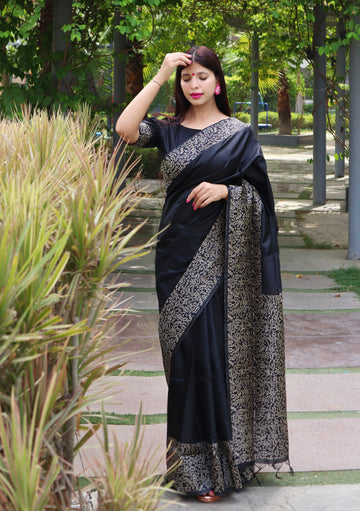 Jade Black Banglori Raw Silk Saree
