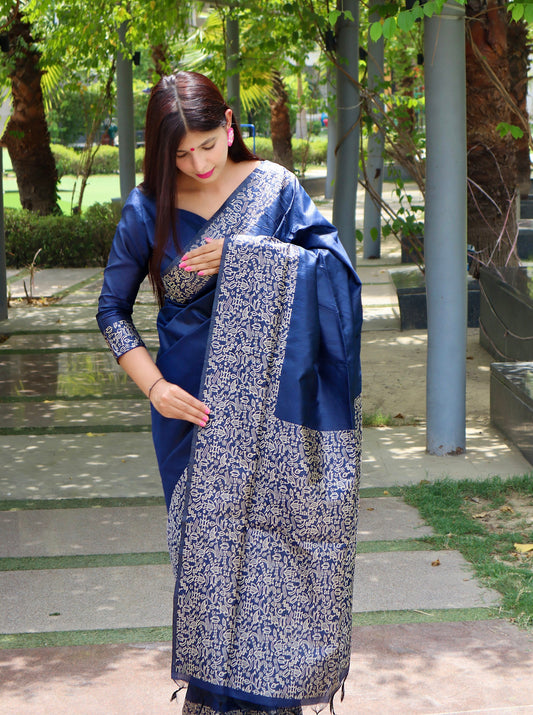 Navy Blue Banarasi Raw Silk Saree