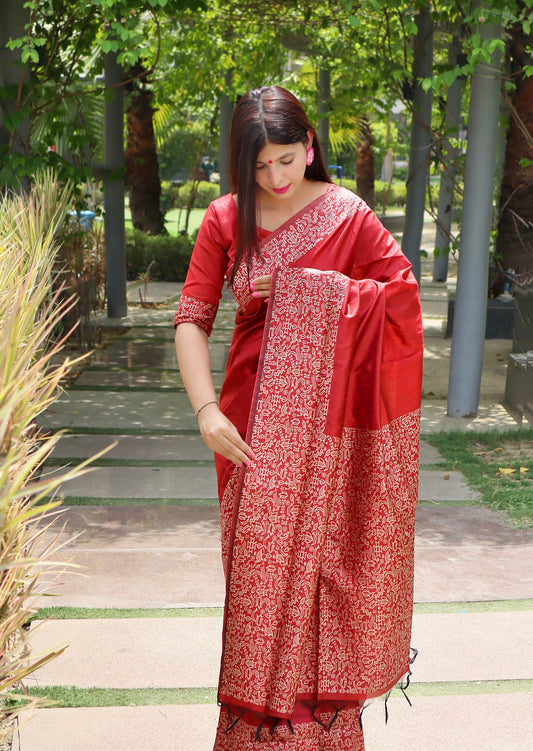 Tamarillo Red Banarasi Raw Silk Saree