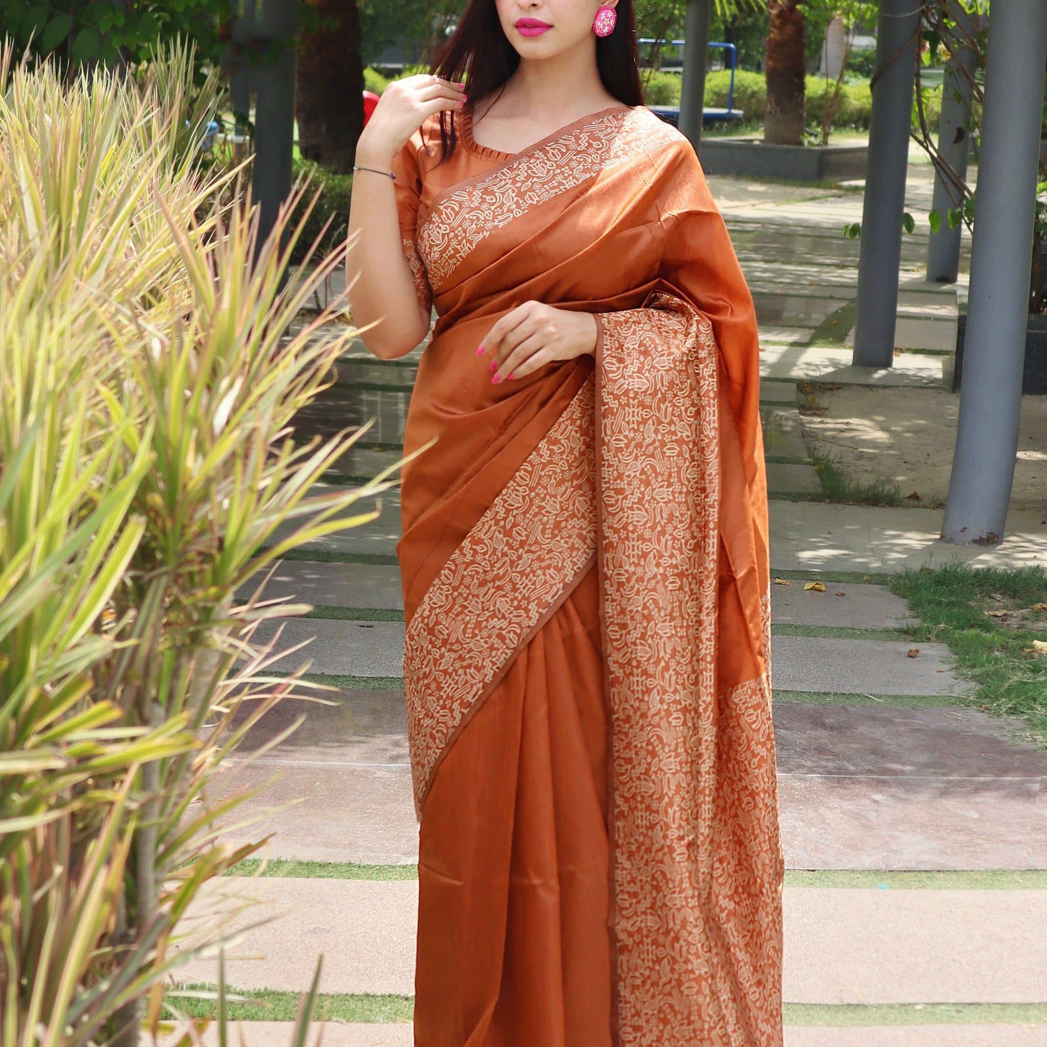 Tan Orange Banarasi Raw Silk Saree