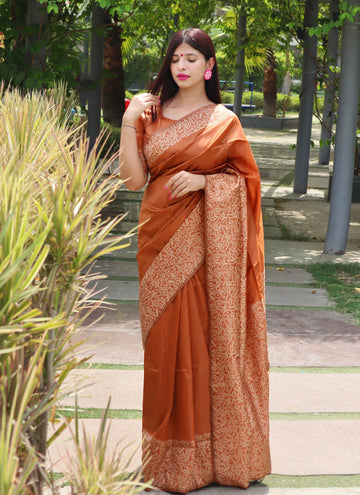 Tan Orange Banarasi Raw Silk Saree