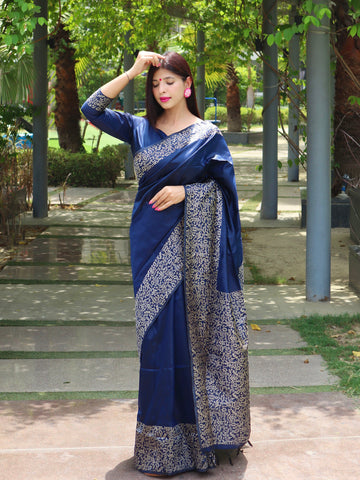 Navy Blue Banarasi Raw Silk Saree