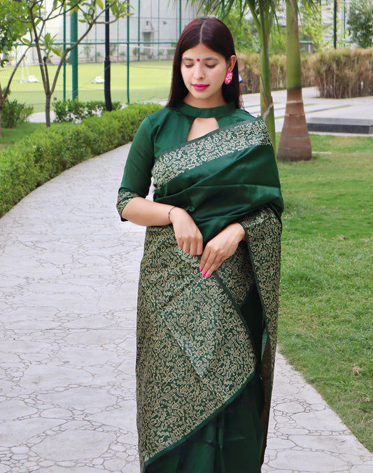 Green Raw Silk Woven Trendy Saree