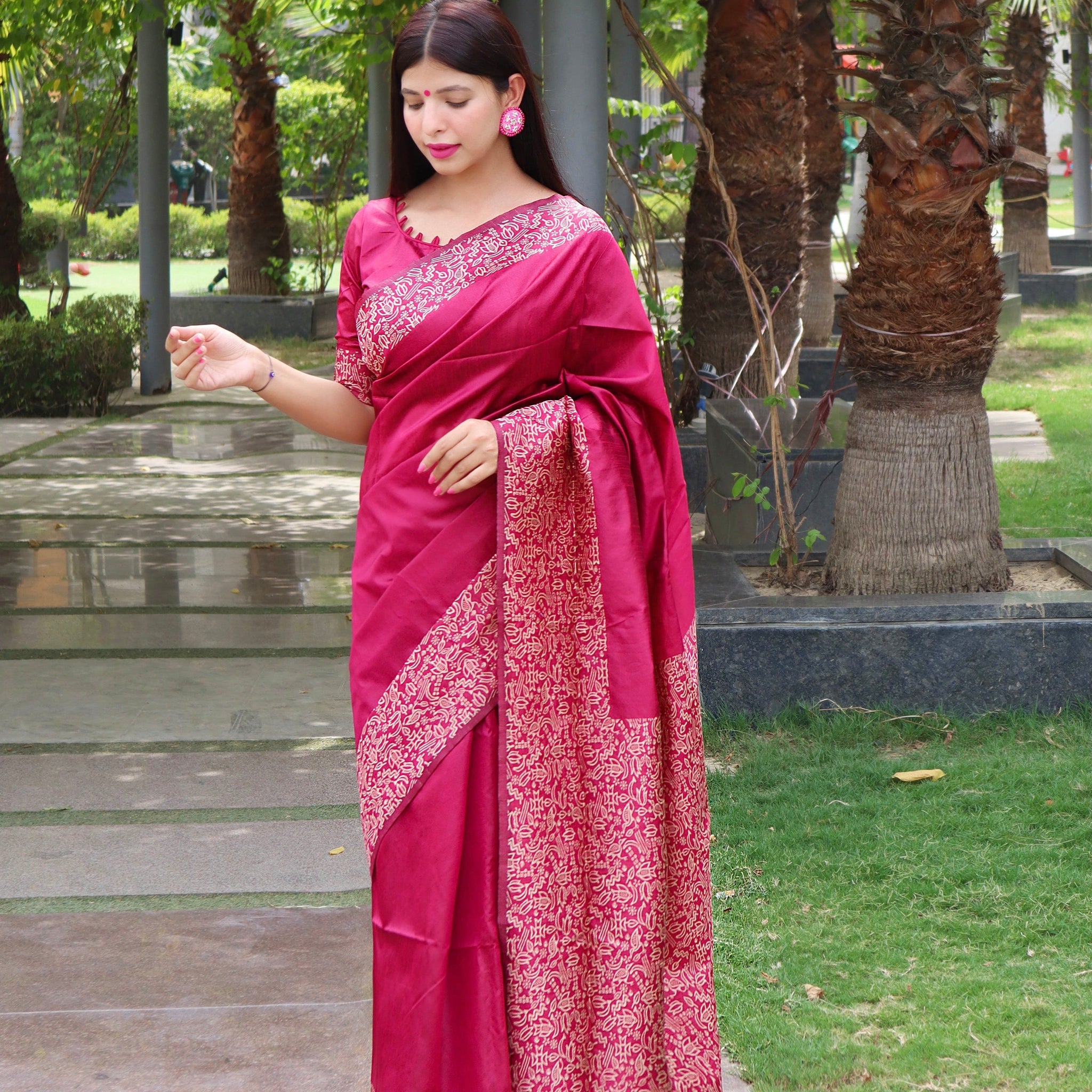 Deep Pink Banglori Raw Silk Saree