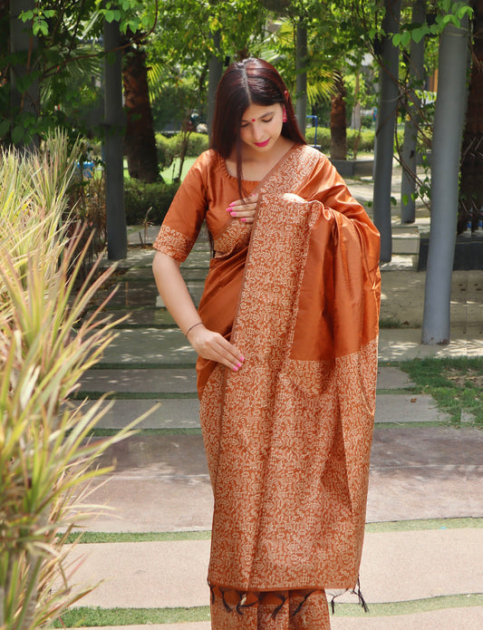 Tan Orange Banarasi Raw Silk Saree