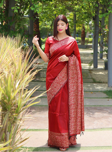 Tamarillo Red Banarasi Raw Silk Saree