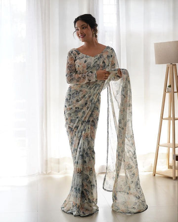 *Premium Georgette With Digital Print With Heavy Lace Border*( Ready To Wear )