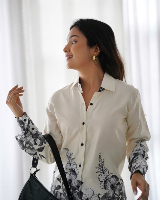 WHITE WITH BLACK FLORAL CO-ORD SET