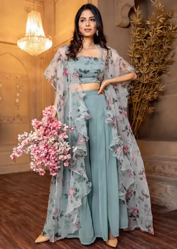 Blue Floral Top & Palazzo And Shrug (Set Of 3)
