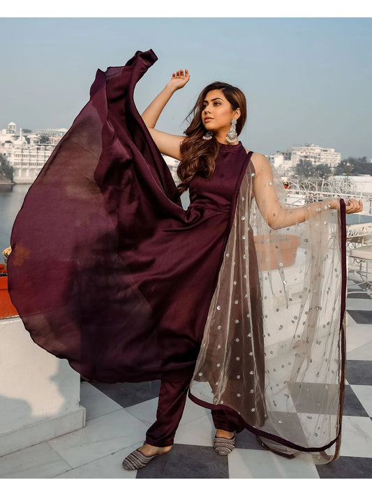 Silk Base Wine Designer Salvar Suit