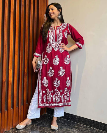 CHIKAN EMBROIDERY Kurti_Pent Pair Design (MAROON)