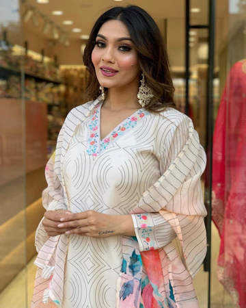 V-Neck Thread Sequins Embellished Straight Kurta With Solid Bottom Chiffon Dupatta