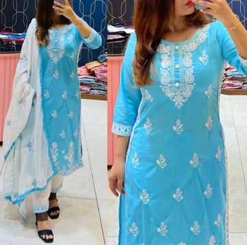 Exclusive Chikankari Kurti_Pant Set With Dupatta (sky Blue )