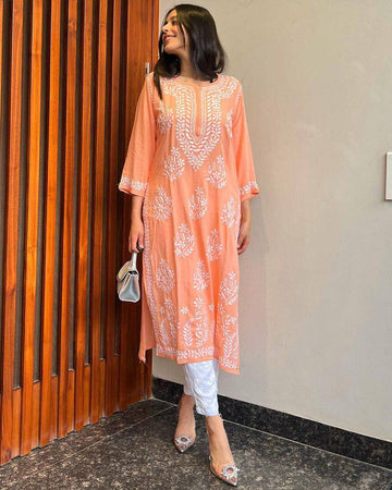 CHIKAN EMBROIDERY Kurti_Pent Pair Design (Peach)